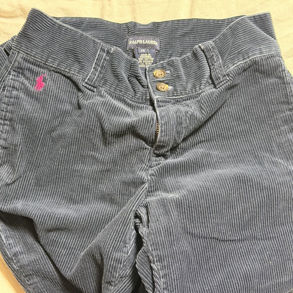 Ralph Lauren Girls Corduroy Navy Blue Pants Size 10 Straight Leg Pink Pony - Picture 5 of 6